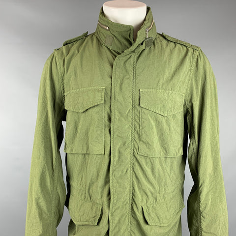 BEAMS PLUS Size L Green Nylon Zip & Snaps Hooded Military Jacket