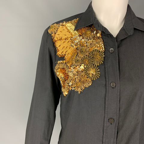 DRIES VAN NOTEN Size 4 Slate Gold Cotton Beaded Long Sleeve Blouse