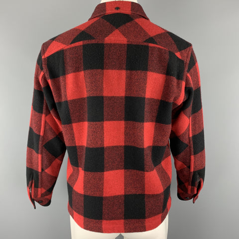 GANRYU Size S Red Plaid Wool Blend Patch Pocket Long Sleeve Shirt