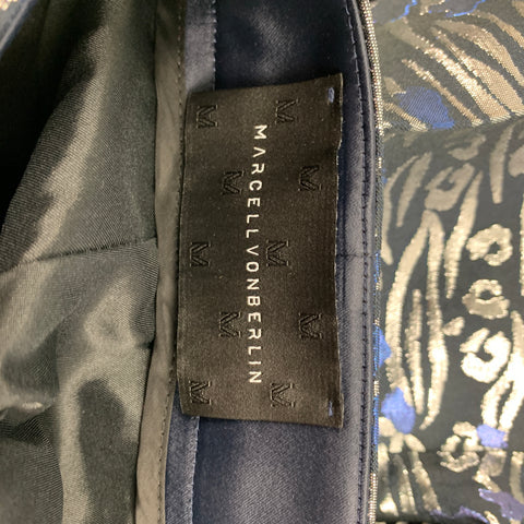 MARCELL VON BERLIN Size 32 Black Silver Blue Jacquard Metallic Zip Fly Dress Pants