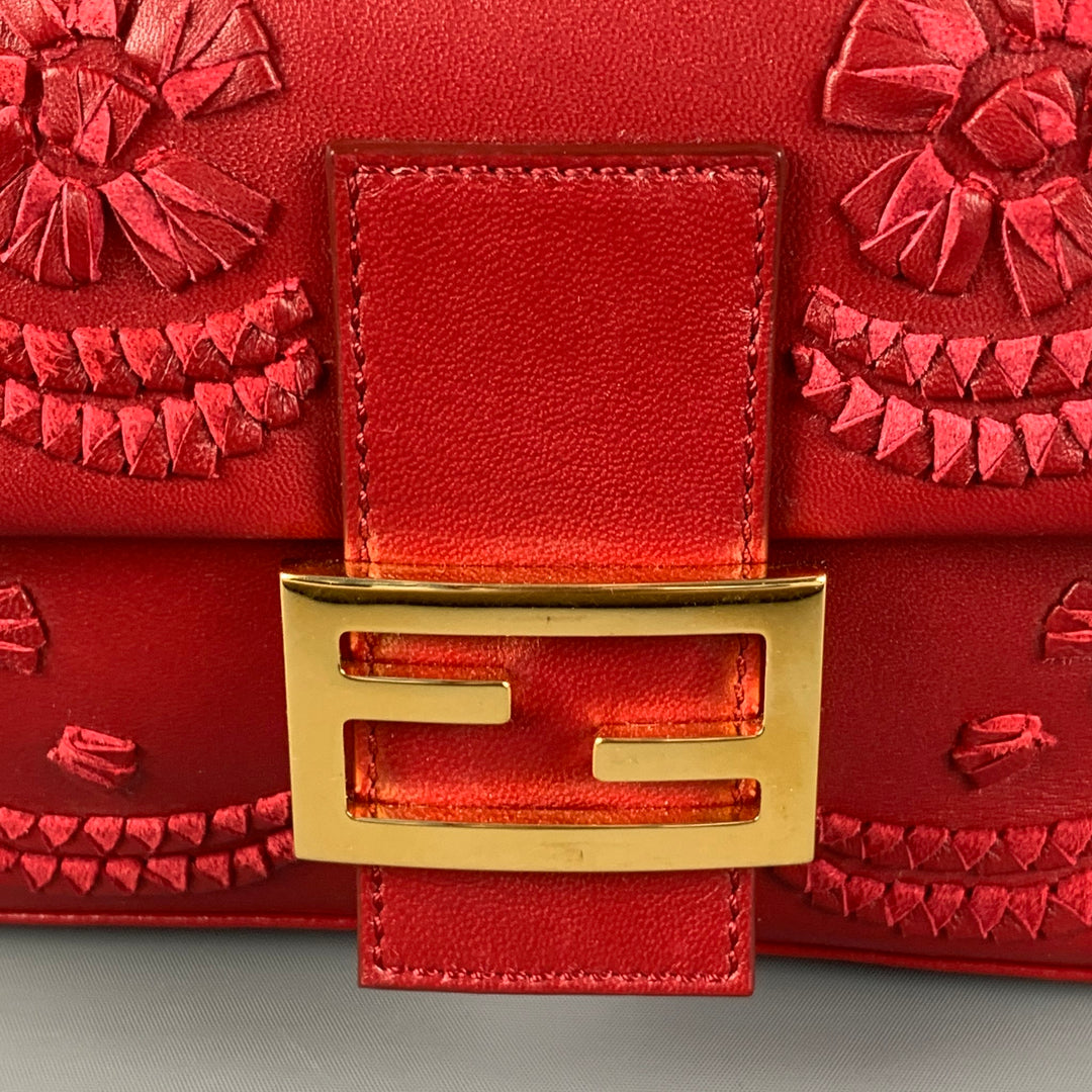 FENDI Red Floral Leather Baguette Shoulder Handbag