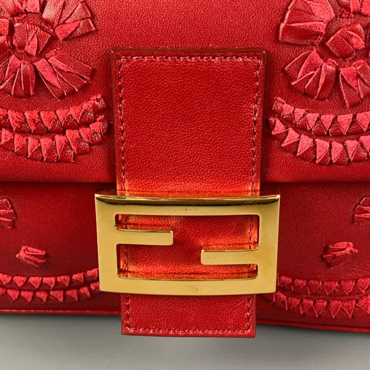 FENDI Red Floral Leather Baguette Shoulder Handbag