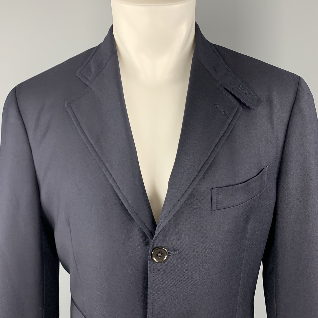 ETRO Talla 40 Abrigo deportivo con solapa de muesca y lana lisa azul marino