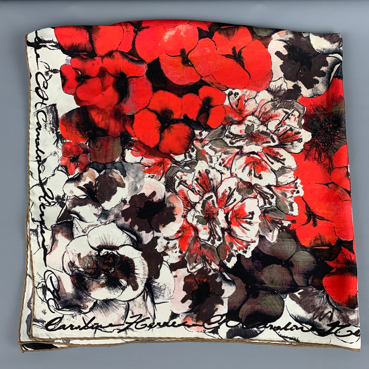 CAROLINA HERRERA Red Black Floral Twill Scarf