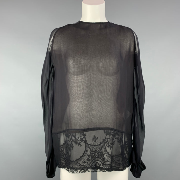 HAIDER ACKERMANN Size 4 Black & Brown Lace Panel Silk Blouse
