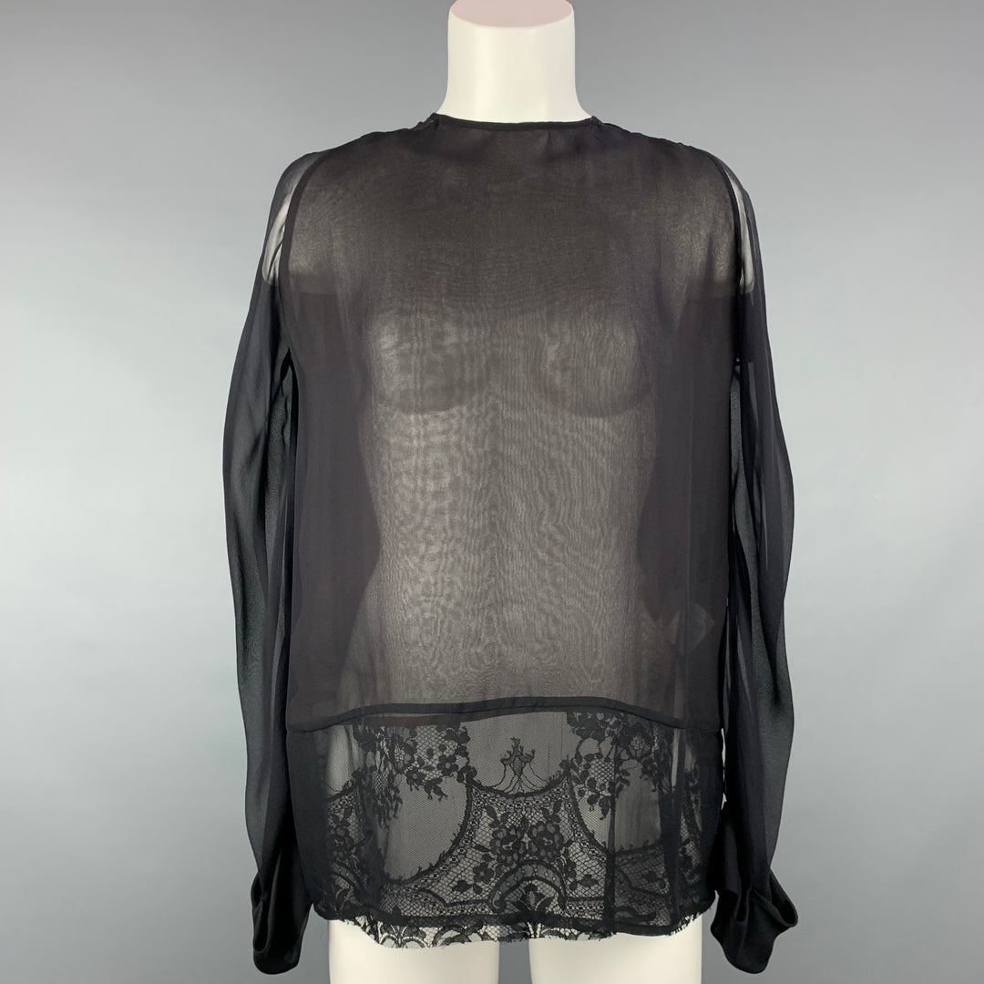 HAIDER ACKERMANN Talla 4 Blusa de seda con panel de encaje negro y marrón