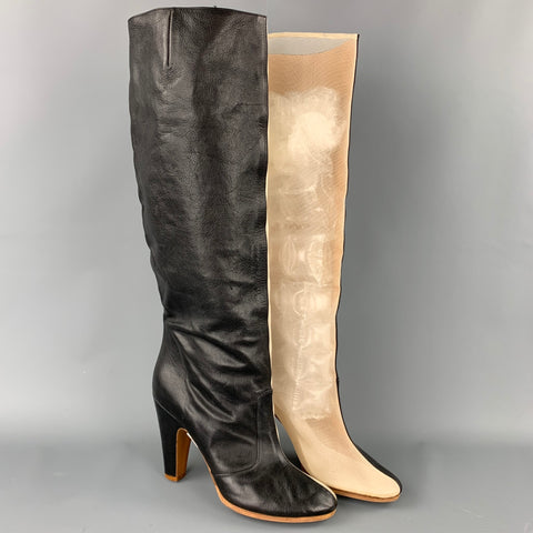 MAISON MARGIELA Talla 10 Botas hasta la rodilla de malla de cuero negro y beige