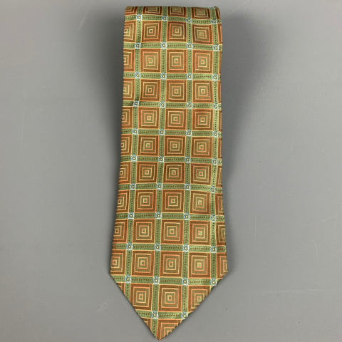 ERMENEGILDO ZEGNA Green Orange Squares Silk Jacquard Tie