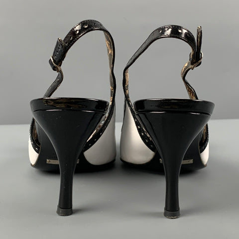 DOLCE & GABBANA Size 7 White Black Leather Color Block Slingback Pumps