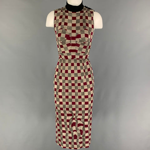 PRADA Size 2 Burgundy Brown Viscose Checkered Sleeveless Mid-Calf Dress