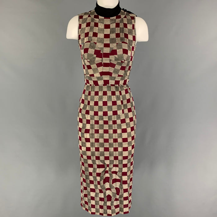 PRADA Size 2 Burgundy Brown Viscose Checkered Sleeveless Mid-Calf Dress