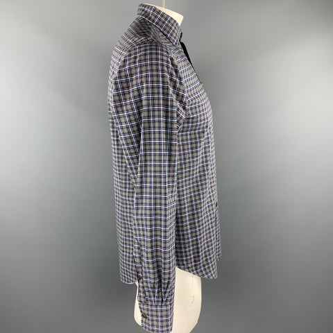 KOIKE Size L Blue & Grey Plaid Cotton Button Up Long Sleeve Shirt