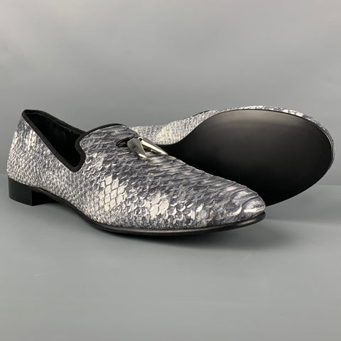 GIUSEPPE ZANOTTI Size 14 Grey Silver Snake Print Leather Slip On Loafers