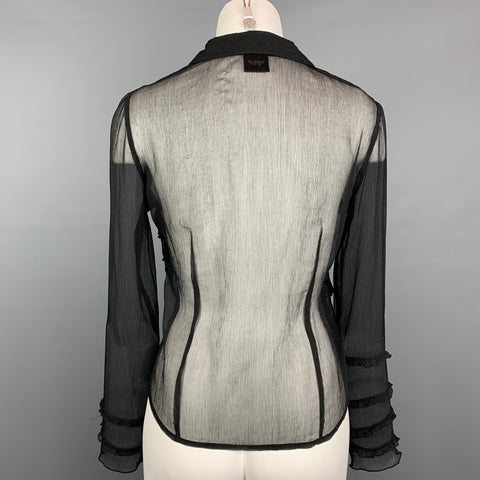 BEBE Blusa abotonada de seda con volantes de gasa negra talla S