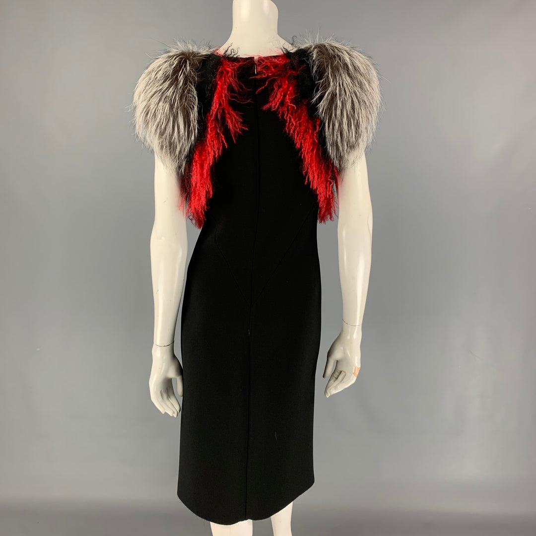 PROENZA SCHOULER Size 8 Black Polyester Lamb Fur Trim Sheath Red Cocktail Dress