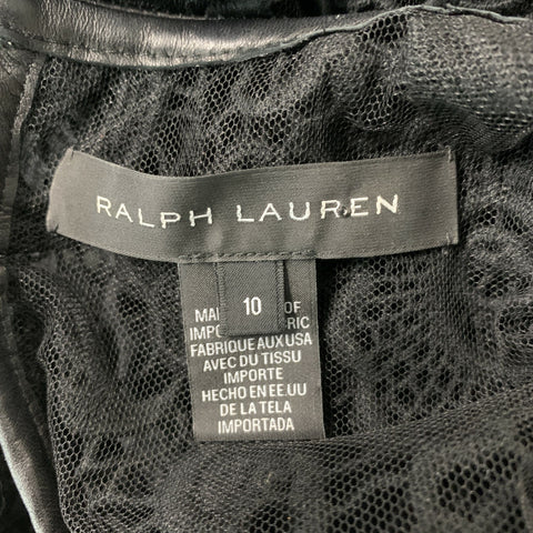 RALPH LAUREN Size 10 Black Guipure  Cotton Leather Trim Short Sleeve Dress Top