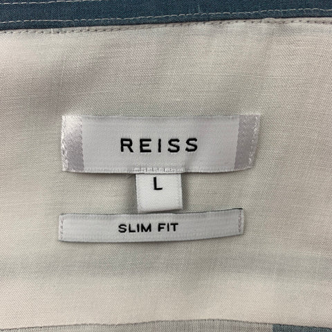 REISS Slim Fit Size L White & Blue Stripe Viscose Short Sleeve Shirt
