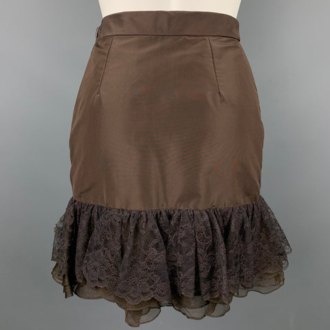 PETROU Size 2 Brown Silk Lace Ruffle Skirt