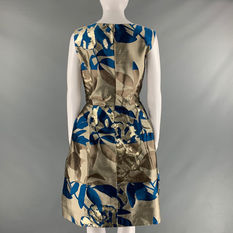 OSCAR DE LA RENTA Size 8 Taupe Blue Polyester Silk Print A-Line Cocktail Dress