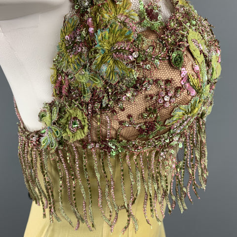 LILY SAMII Size 6 Light Green Silk Floral Beaded Lace Bustier Evening Gown