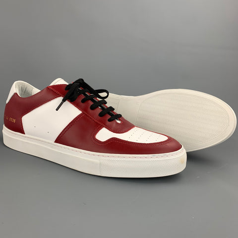 COMMON PROJECTS Size 11 White & Burgundy Color Block Leather Lace Up Sneakers