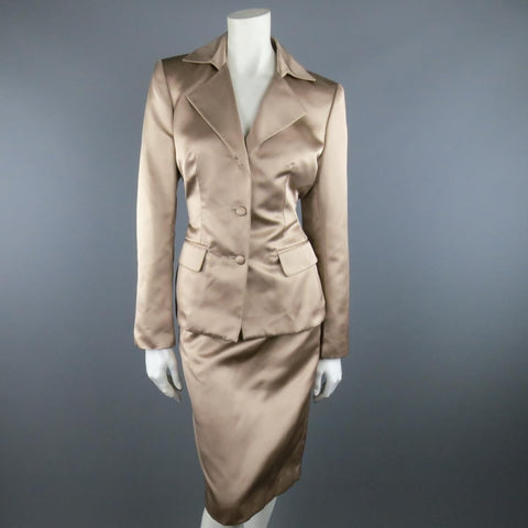 YVES SAINT LAURENT Rive Gauche Size 10 Muted Mauve Beige Silk Satin Top Stitch Skirt Suit