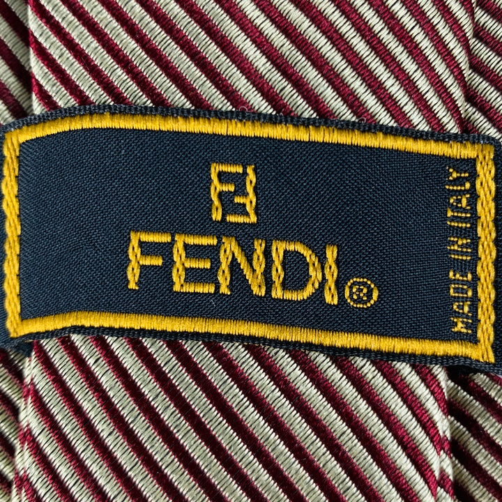 FENDI Burgundy Gold Diagonal Stripe Silk Tie