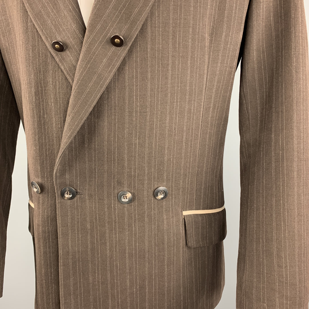 ANDREW MACKENZIE Size 38 Brown Stripe Cotton / Wool Peak Lapel Buttons Trim  Sport Coat