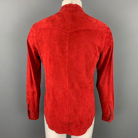 JIL SANDER Size XS Red Suede Nehru Collar Long Sleeve Shirt