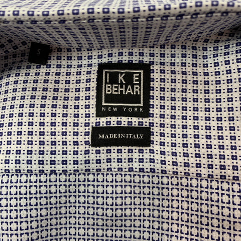 IKE BEHAR Size S White & Blue Square Print Cotton Long Sleeve Shirt