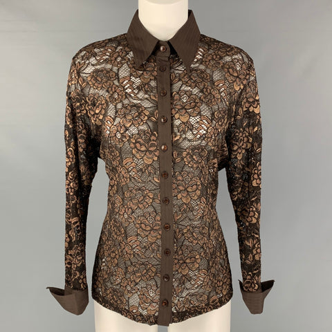 ANNE FONTAINE Camisa con botones de encaje marrón y dorado talla L