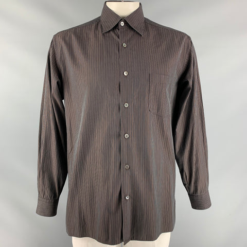 ERMENEGILDO ZEGNA Size L Brown Stripe Cotton Button Down Long Sleeve Shirt