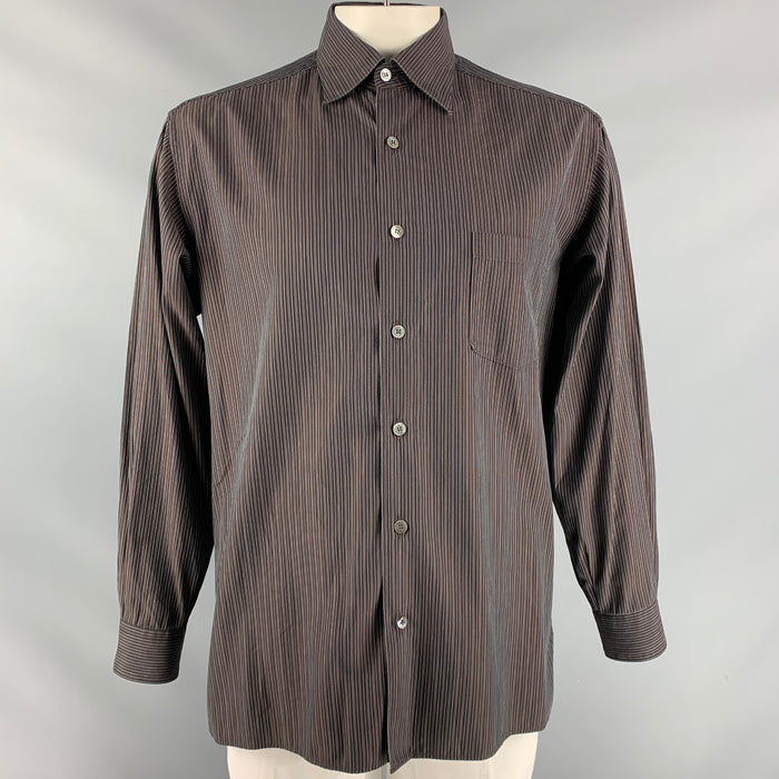 ERMENEGILDO ZEGNA Size L Brown Stripe Cotton Button Down Long Sleeve Shirt