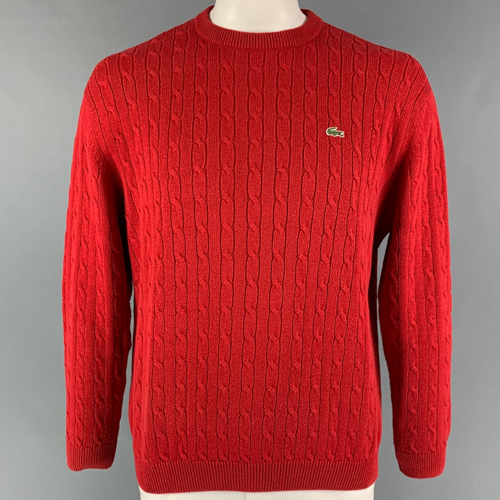 LACOSTE Size XL Red Cable Knit Cotton Wool Crew-Neck Sweater