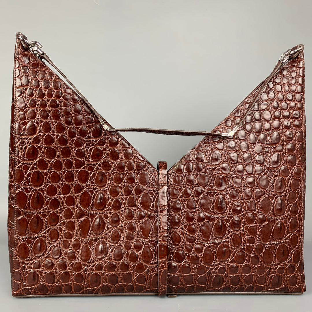 GIVENCHY Large Cut Out Bag Brown Embossed Croc Leather Shoulder Unisex Handbag