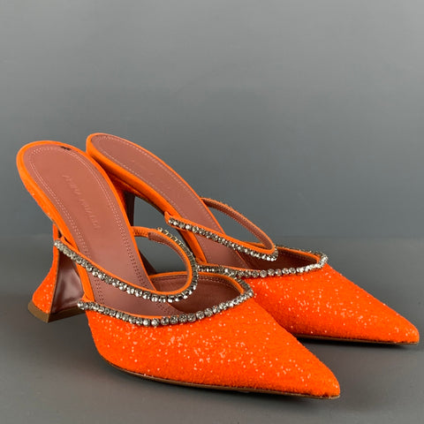 AMINA MUADDI Zapatos de tacón tipo mulas con purpurina plateada naranja talla 8