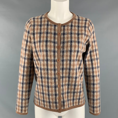 LEOROSA Taille S/M Beige Marine Laine À Carreaux Boutonné Haut Décontracté