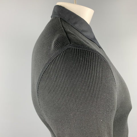 JOHN VARVATOS Size L Black Ribbed Cotton / Silk Ribbed Buttoned Long Sleeve Polo