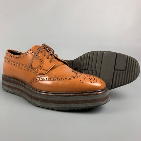PRADA Size 9 Tan Perforated Leather Platform Lace Up Shoes