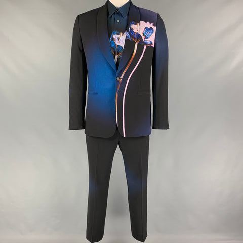 PAUL SMITH Regular Size 40 Black Multi-Color Print Wool Blend Shawl Collar 3 Piece Suit