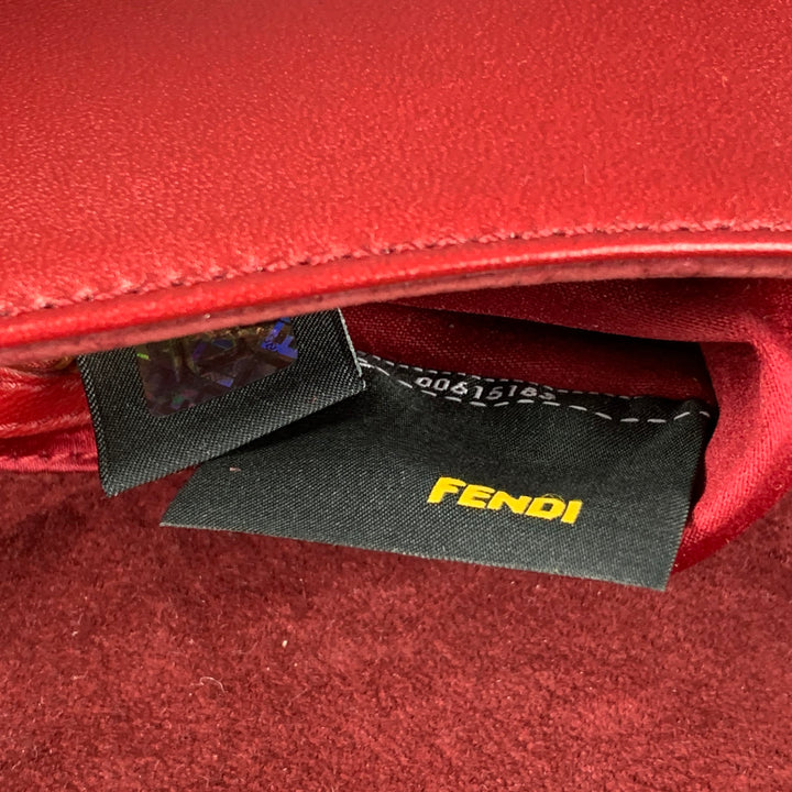 FENDI Red Floral Leather Baguette Shoulder Handbag