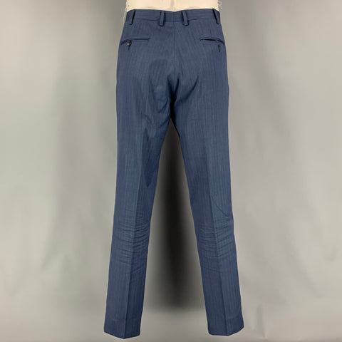 SARTORIO Talla 44 Traje Lana Rayas Azul Solapa Pico 36 34