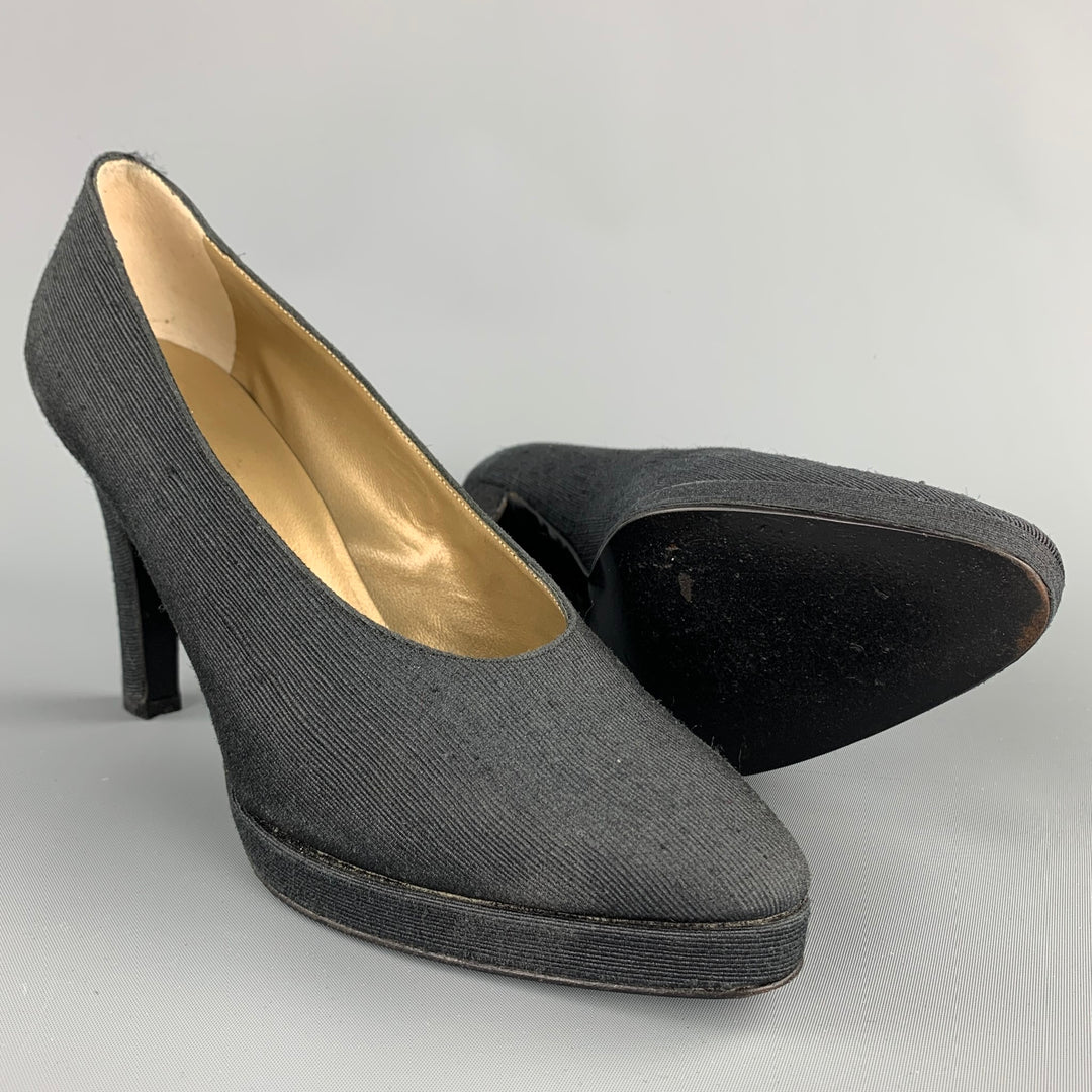 YVES SAINT LAURENT Size 7 Black Textured Fabric Platform Pumps