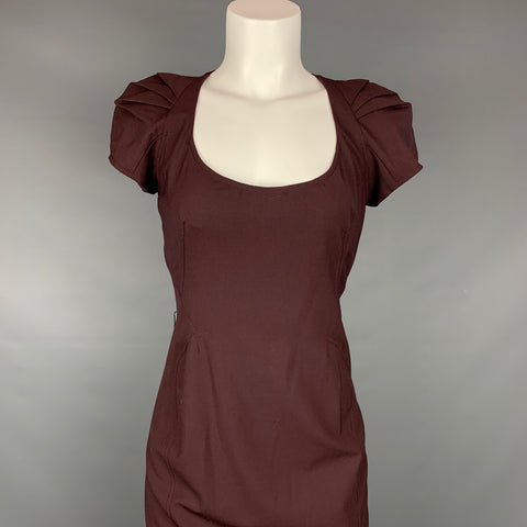 ZAC POSEN Taille 4 Robe trapèze en mélange de laine vierge aubergine à encolure dégagée