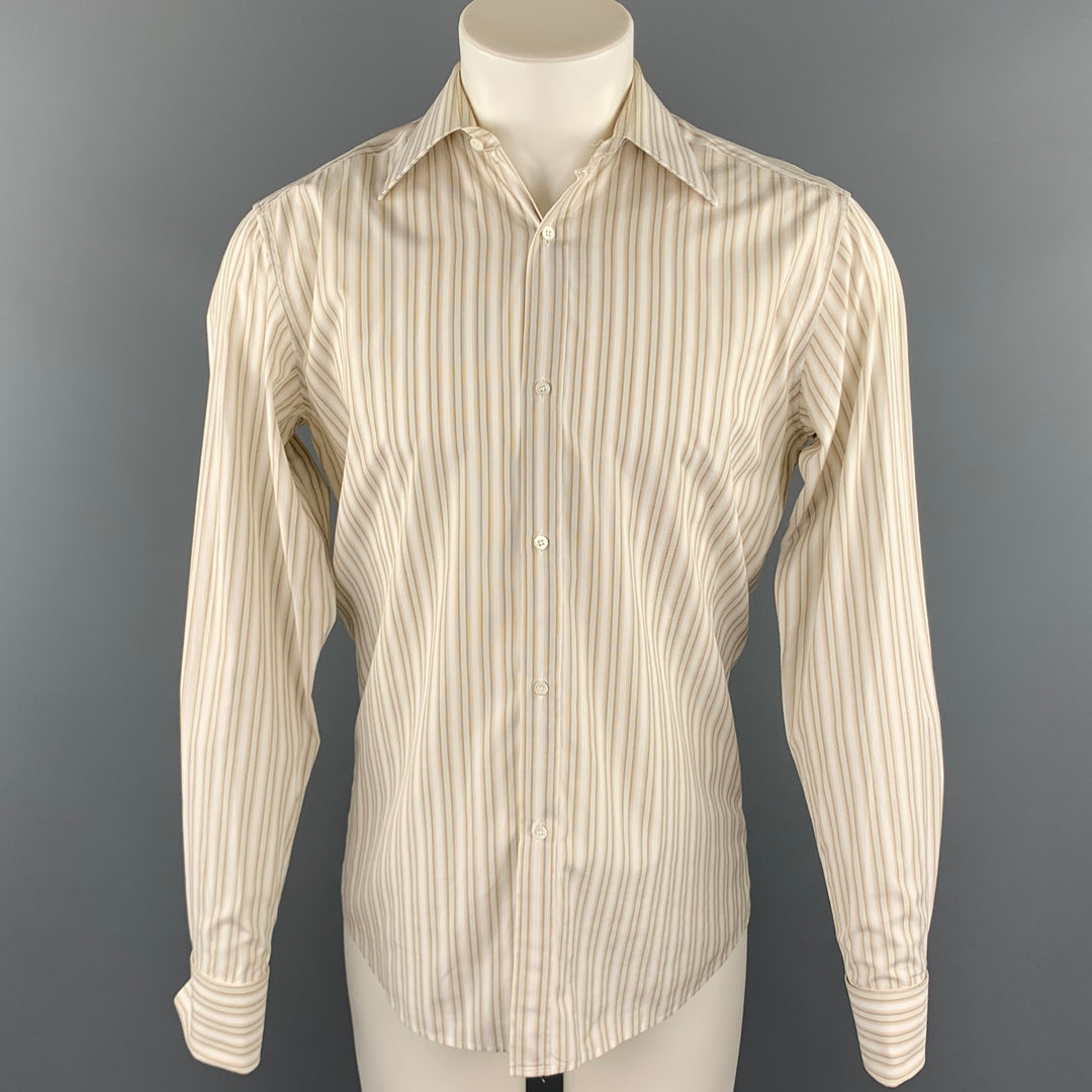 GUCCI Talla M Camisa de manga larga con puño francés de algodón a rayas beige