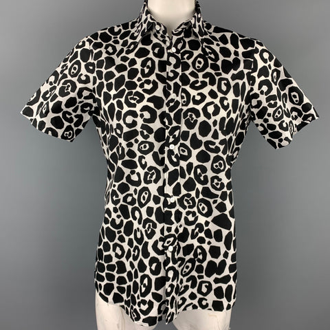 BURBERRY PRORSUM Size XL Black & White Giraffe Print Cotton Button Up Short Sleeve Shirt
