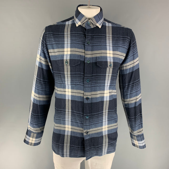 TOM FORD Size XL Navy Blue & White Plaid Cotton Flanel Long Sleeve Shirt
