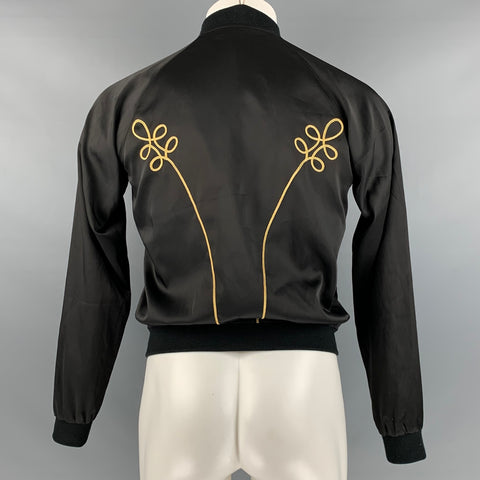 SAINT LAURENT Size M Black Gold Embroidery Cotton Bomber Jacket