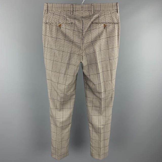 PT01 Talla 30 Pantalón de vestir gris con bragueta y cremallera plisada de lana Glenplaid