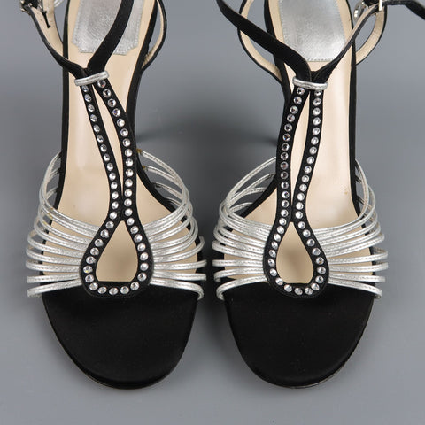 CHRISTIAN DIOR Size 9.5 Black & Silver Silk & Leather Rhinestone T Strap Sandals